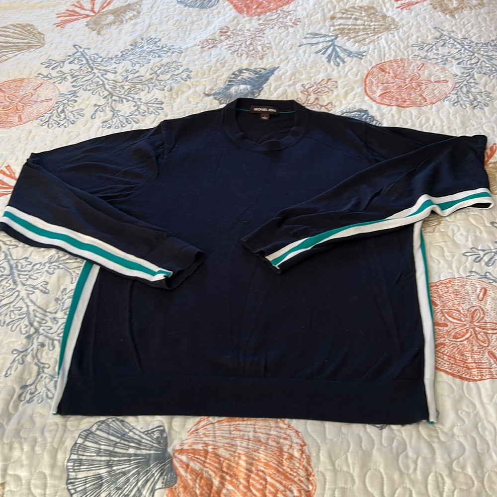 Micheal Kors men’s slim fit Large sweater. Stripes on sides and under sleeves.